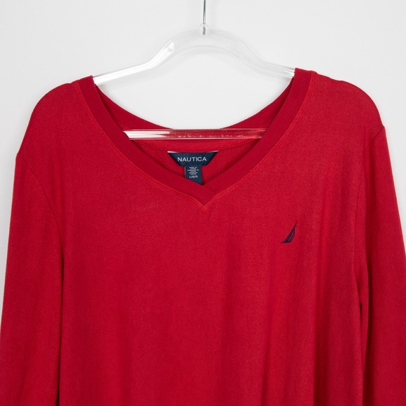 Nautica Mens Red Long Sleeve V‎ Neck T-Shirt Top Soft Stretch Large - Picture 3 of 13